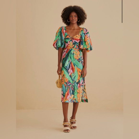 FARM Rio Dresses & Skirts - Farm Rio Multicolor Banana Foliage Puff Sleeve Midi Dress